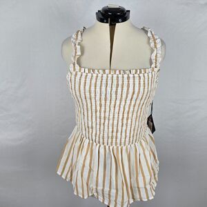 AVA & VIV Tank Top Women's X 14W White Gold Striped Ruffle Straps Shirred NWT